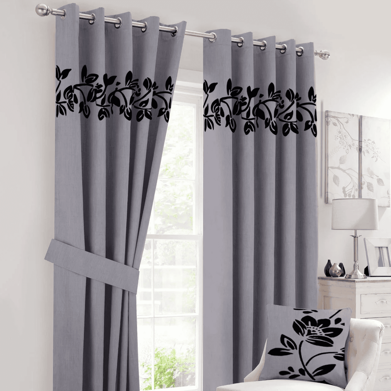 Floral Velvet Curtains Black Grey