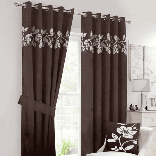 Floral Velvet Curtains White Brown