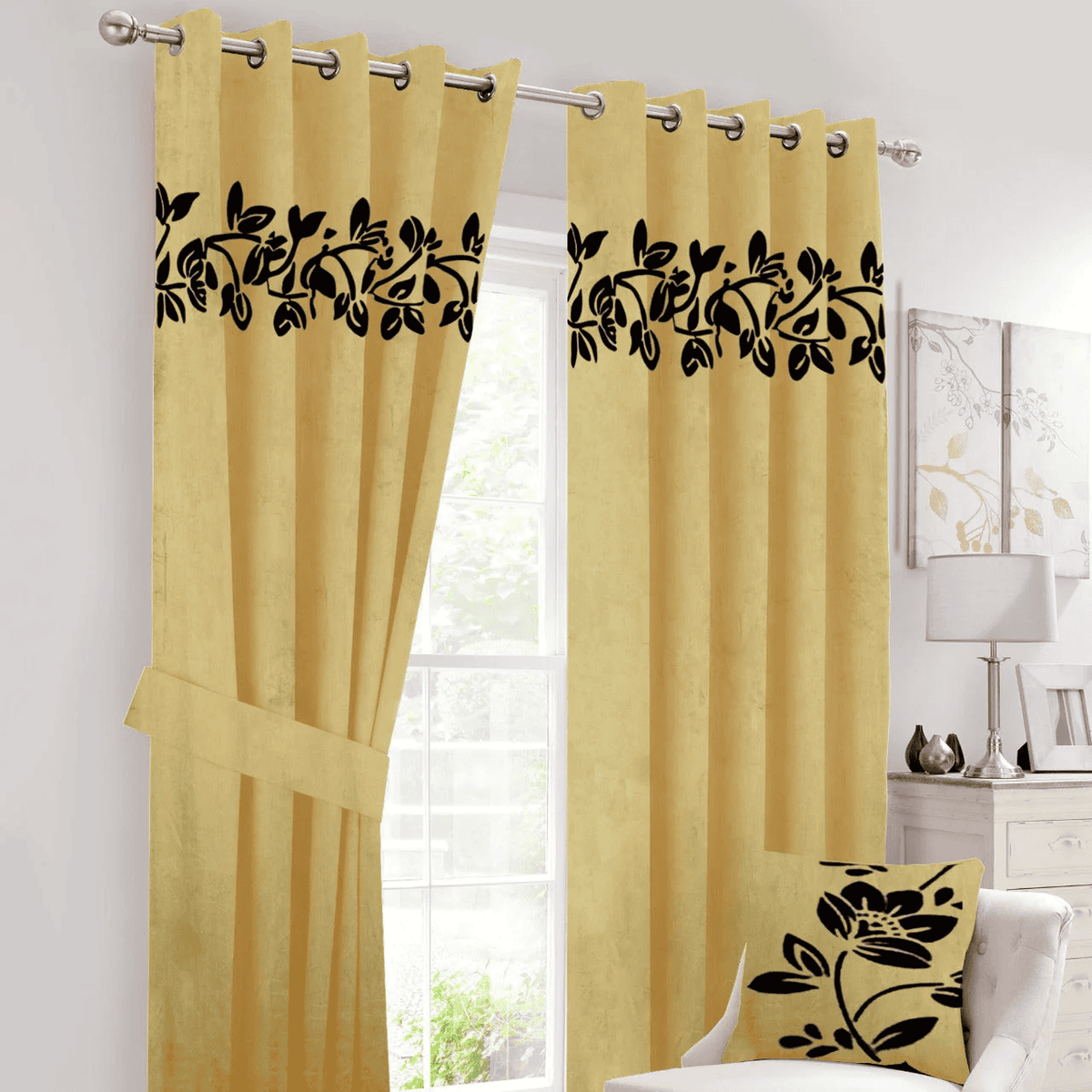 Floral Velvet Curtains Black Yellow