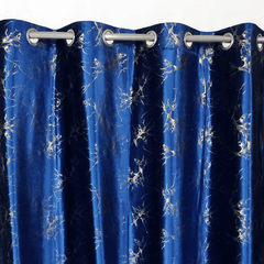 Premium Golden Textured Velvet Curtain -  Blue