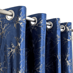 Premium Golden Textured Velvet Curtain -  Blue